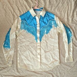 Blue and Cream Fringe Western Shirt 70s 60s Rockabilly Cowgirl Pearlsnap Karman